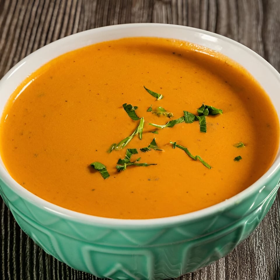 A vibrant orange soup, possibly tomato or butternut squash, garnished with fresh green herbs in a teal bowl.