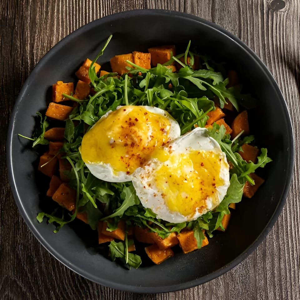 A dark bowl of roasted sweet potatoes, arugula, and two poached eggs with seasoning.