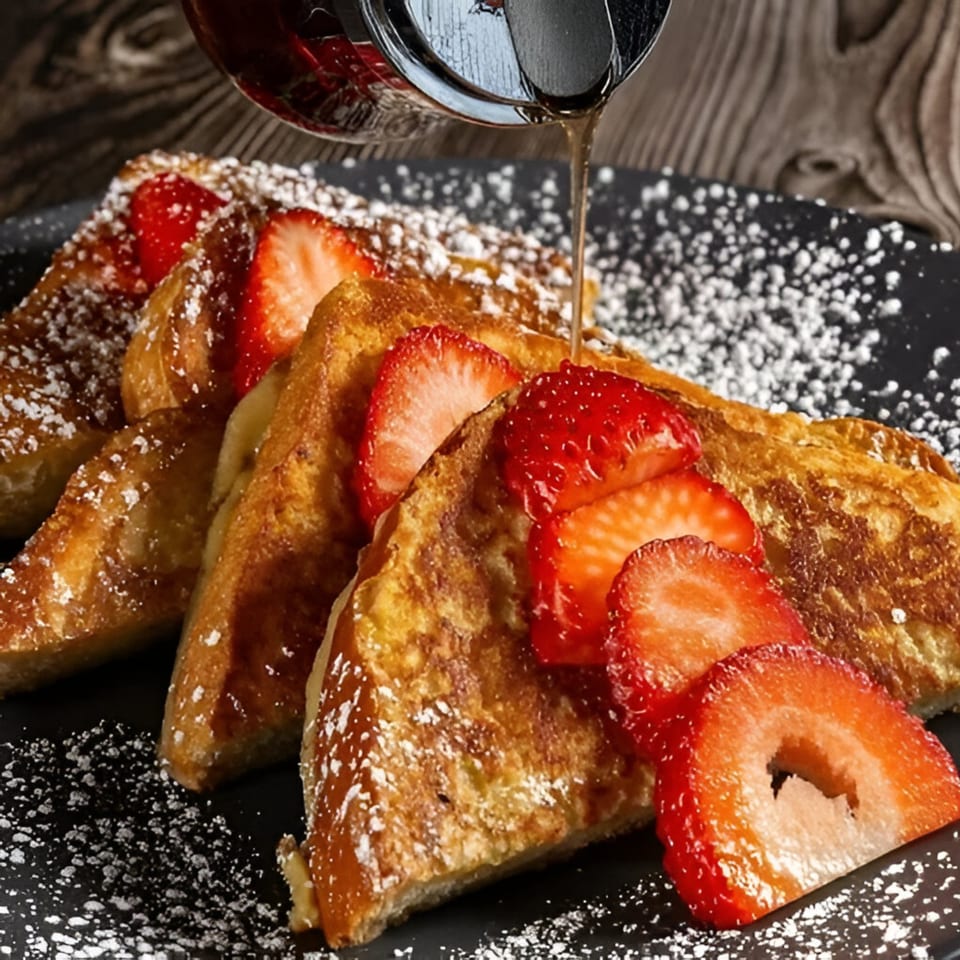 Golden French toast slices with fresh strawberries, powdered sugar, and maple syrup drizzled from above.