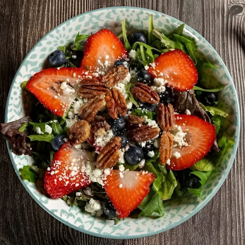 A vibrant salad with strawberries, blueberries, pecans, and feta cheese in a patterned bowl.