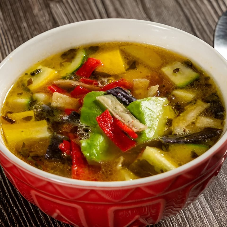 A vibrant bowl of Mustard Cafe & Grill's vegetable soup with zucchini, peppers, and broth.